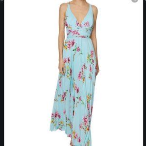 Blue floral chiffon maxi pleated dress NWT 4